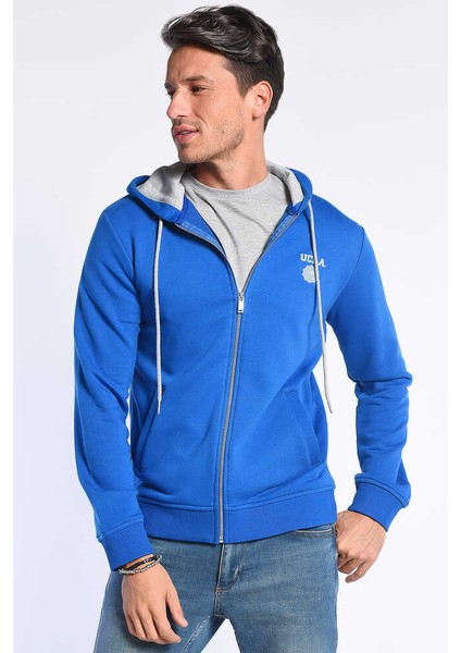 HILGARD Mavi Kapüşonlu ve Fermuarlı Baskılı Standard Fit Erkek Sweatshirt