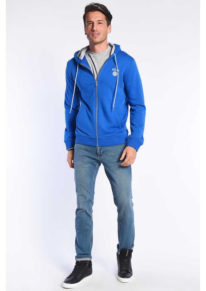 HILGARD Mavi Kapüşonlu ve Fermuarlı Baskılı Standard Fit Erkek Sweatshirt