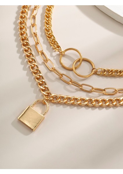 Altın Rengi Kilit ve Halka 3 Katmanlı Kolye