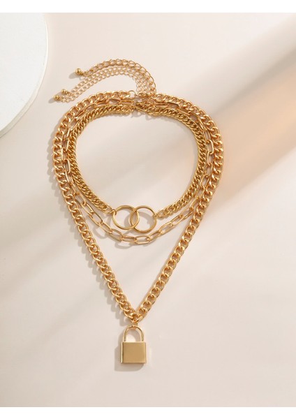 Altın Rengi Kilit ve Halka 3 Katmanlı Kolye fiyatları