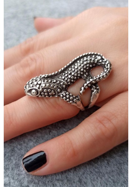 Antik Gümüş Kaplama Büyük Kertenkele Şekilli El Yapımı Ayarlanabilir Yüzük