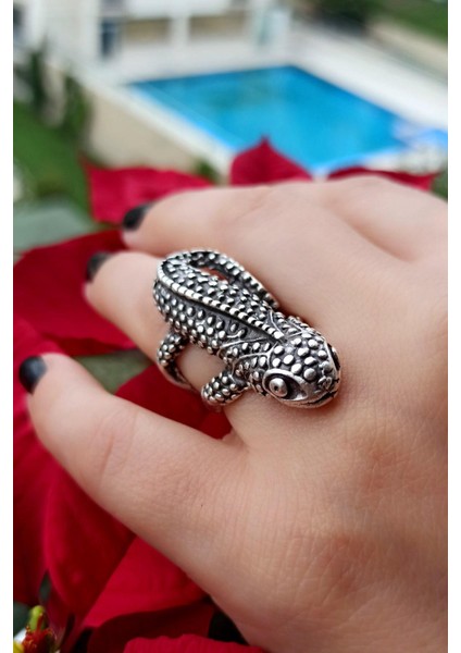 Antik Gümüş Kaplama Büyük Kertenkele Şekilli El Yapımı Ayarlanabilir Yüzük fiyatları