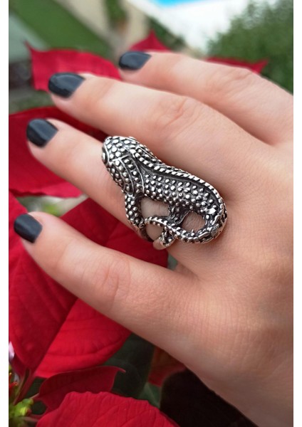 Antik Gümüş Kaplama Büyük Kertenkele Şekilli El Yapımı Ayarlanabilir Yüzük modelleri