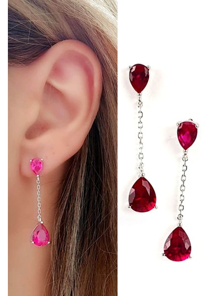 Sky Diamond Red Creative Rubies 925 Ayar Gümüş Damla Küpe