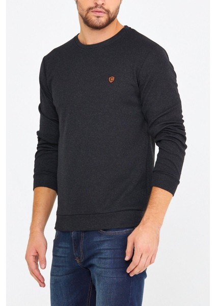 Erkek Bisiklet Yaka Göğüs Nakış Detaylı Siyah Sweatshirt fiyatları