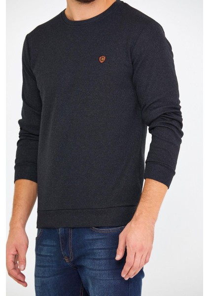 Erkek Bisiklet Yaka Göğüs Nakış Detaylı Siyah Sweatshirt modelleri