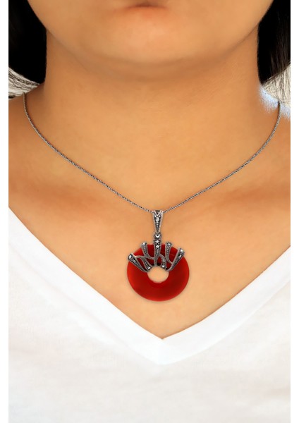 Akik Taşlı Halka Tasarım Markazit Gümüş Kadın Kolye fiyatları