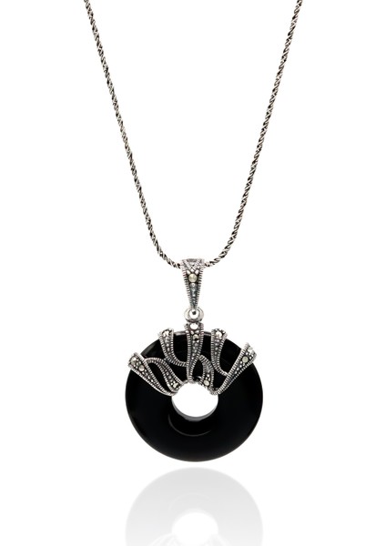 Oniks Taşlı Halka Tasarım Markazit Gümüş Kadın Kolye