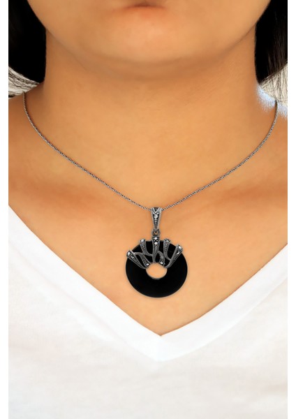 Oniks Taşlı Halka Tasarım Markazit Gümüş Kadın Kolye fiyatları