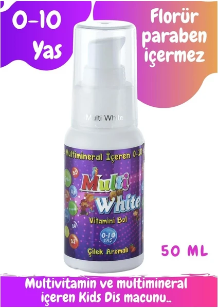 Multi White 0-10 Yaş Çocuk Diş Macunu Çilek Aromalı Pompalı Şişe 50 ml