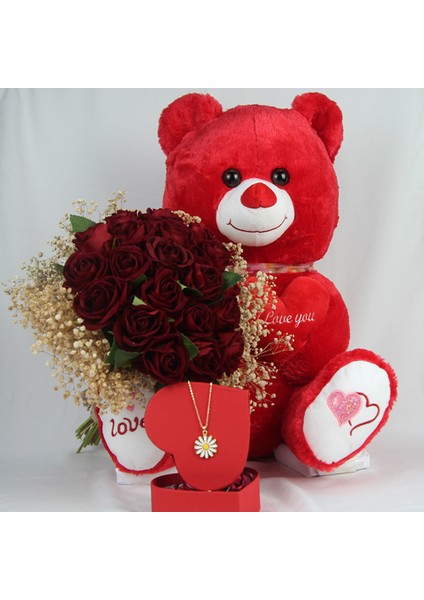 Buket Güller 20 Li Cipso Sarmalı Demet & Sevimli Peluş Ayıcık 50 cm Altın Kaplama Papatya Kolye Hediye