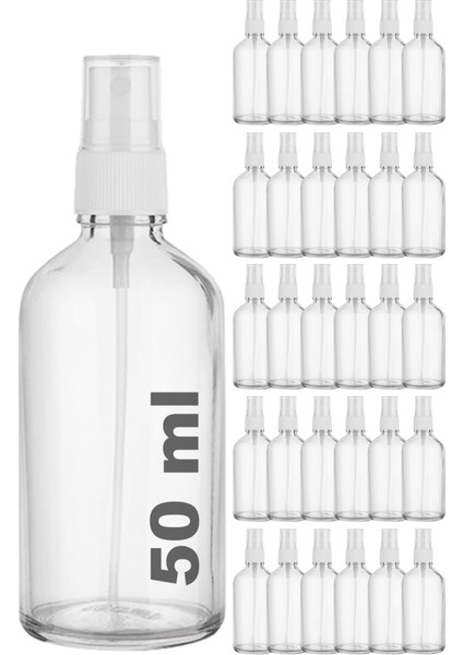 50 cc Şeffaf Sprey Kapaklı 50 ml Beyaz Fısfıs Kolonya Dezenfektan Cam Şişe 30 Adet