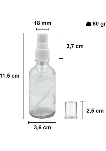 50 cc Şeffaf Sprey Kapaklı 50 ml Beyaz Fısfıs Kolonya Dezenfektan Cam Şişe 30 Adet