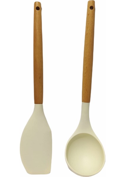 Yanmaz Yapışmaz Ahşap Saplı Lüks Silikon Kepçe , Spatula 2 'li Takım 30 cm