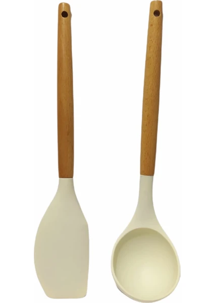 Naturalife Labs Yanmaz Yapışmaz Ahşap Saplı Lüks Silikon Kepçe , Spatula 2 'li Takım 30 cm