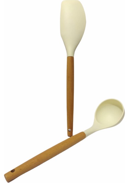 Yanmaz Yapışmaz Ahşap Saplı Lüks Silikon Kepçe , Spatula 2 'li Takım 30 cm