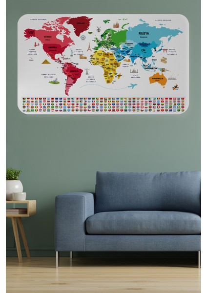 Türkçe Ülke Bayrak Lı Eğitici Başkent Detaylı Atlası Dünya Haritası Duvar Sticker 3861