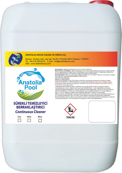 Havuz Suyu Sürekli Temizleyici Parlatıcı Berraklaştırıcı 10 Lt (Continuous Cleaner)