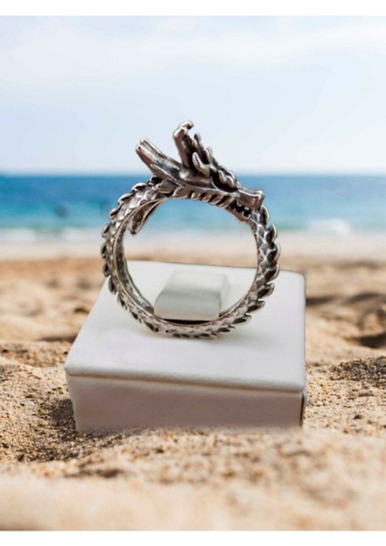 Antik Gümüş Kaplama Ejderha Model Ayarlanabilir Yüzük