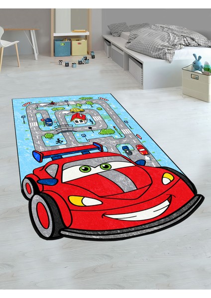 Eğitici Yol Araba Desenli Kırmızı Çocuk Kaymaz Taban Halısı