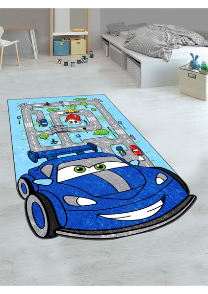 Eğitici Yol Araba Desenli Mavi Çocuk Kaymaz Taban Halısı
