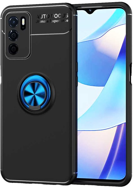 Caseworld Oppo A16 Kılıf Renkli Yüzüklü Manyetik Silikon Kapak Siyah - Mavi