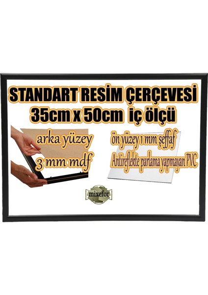MİXEFOR Boş Çerçeve - 35CM x 50CM Iç Ölçü -Renk SİYAH -Arka Yüzey 3mm Mdf- Ön yüzey Kırılmaz parlama yapmayan Antireflektif
