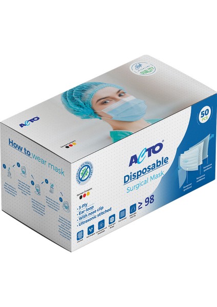 Acto® Cerrahi Ultrasonik Dikişli 3 Katlı Telli Maske 50 Adet