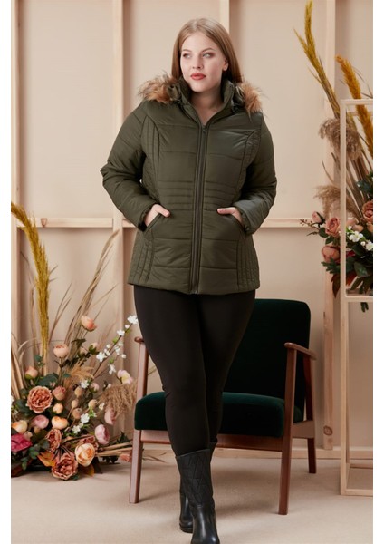 Kapşonlu Büyük Beden Haki Kapitone Mont