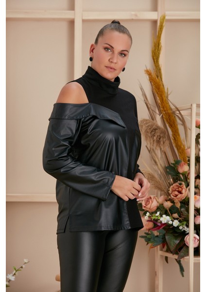 Deri Garnili Siyah Büyük Beden Sweatshirt fırsatları
