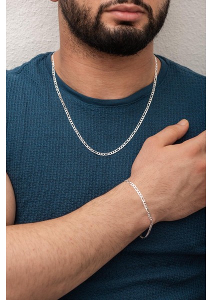925 Ayar Gümüş Erkek Figaro 55 cm Zincir Kolye Bileklik 21CM Set DBSE-SLVR0028