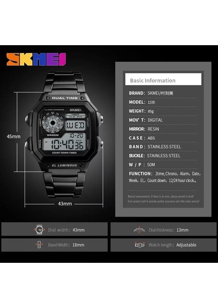 Erkek Kol Saati Dijital Spor Metal Çelik Işıklı Siyah SK1335S