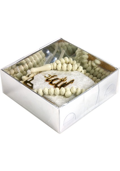 Kadife Kaplı Mini Kuran Kutulu - Tesbihli - Krem