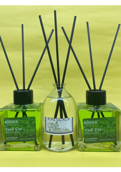 Kadife Bambu Çubuklu 2'li Yeşil Çay 1 Beyaz Çiçek Ofis Oda ve Banyo Kokusu