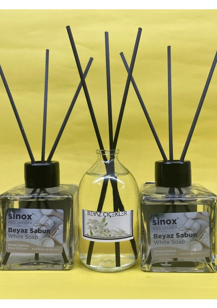 Kadife Bambu Çubuklu 2'li Beyaz Sabun 1 Beyaz Çiçek Ofis Oda ve Banyo Kokusu