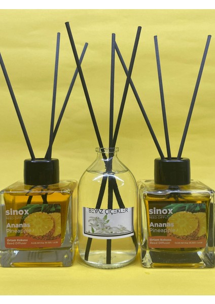 Kadife Bambu Çubuklu 2'li Ananas 1 Beyaz Çiçek Ofis Oda ve Banyo Kokusu