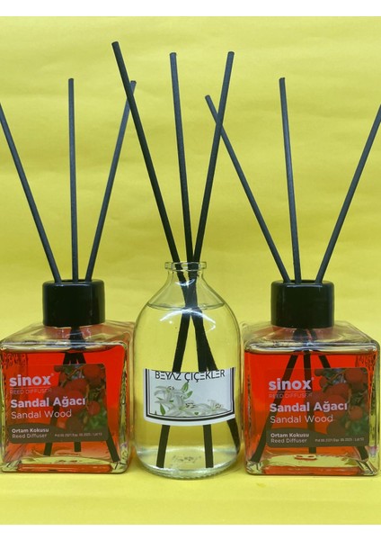 Kadife Bambu Çubuklu 2'li Sandal Ağacı 1 Beyaz Çiçek Ofis Oda ve Banyo Kokusu