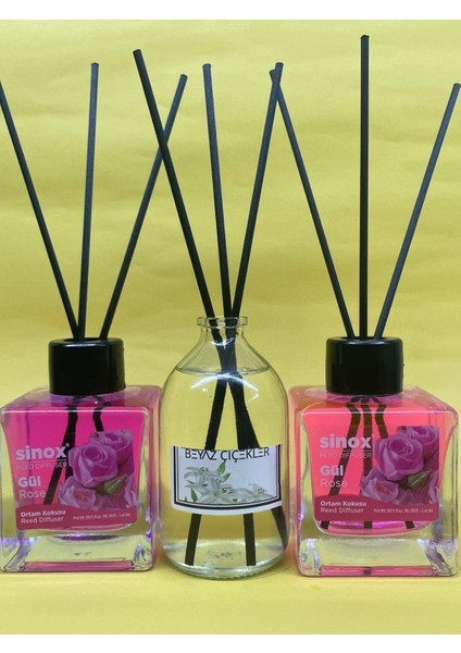 Kadife Bambu Çubuklu 2'li Gül 1 Beyaz Çiçek Ofis Oda ve Banyo Kokusu
