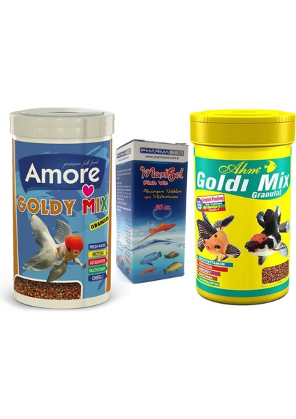 Goldy Mix Granules 1000 ml + Ahm Goldi Mix 1000 ml Japon Balık Yemi + Fishvit Vitamin