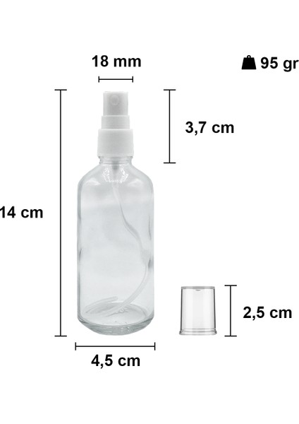 100 cc Şeffaf Sprey Kapaklı 100 ml Beyaz Fısfıs Kolonya Dezenfektan Cam Şişe 1 Adet
