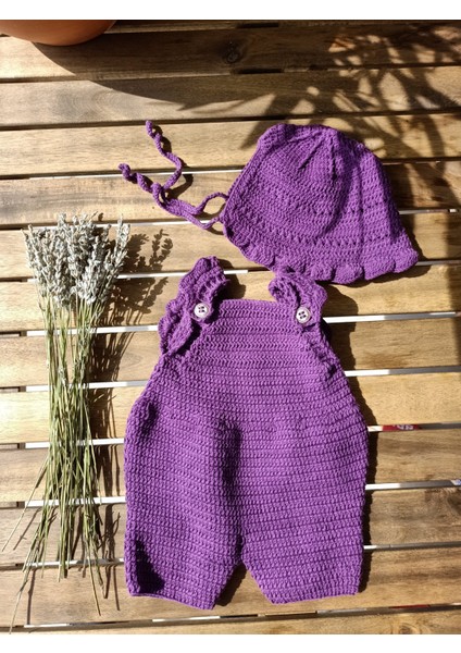 Handmade El Örgüsü Bebek Kısa Kol Tulum ve Şapka 12 - 18 Ay