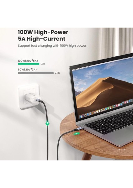 USB-C to USB-C 100W Thunderbolt USB3.1 GEN2 5A QC PD Hızlı Şarj Kablosu, 1 Metre, Siyah - 80150