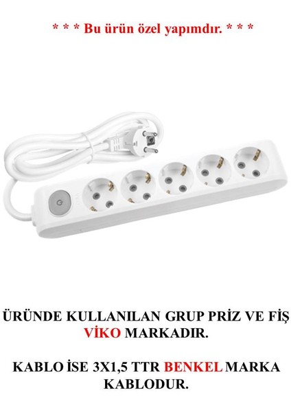 5'li Anahtarlı Topraklı Çocuk Korumalı Grup Priz 8 Metre
