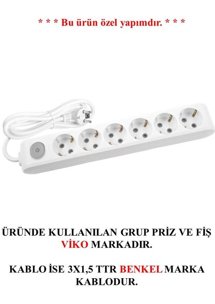 6'lı Anahtarlı Topraklı Çocuk Korumalı Grup Priz 9 Metre
