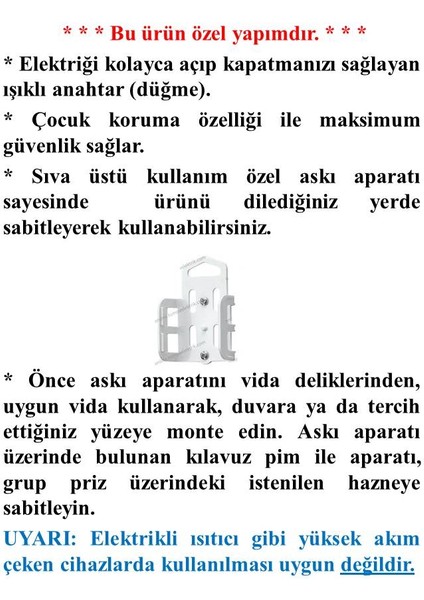 6'lı Anahtarlı Topraklı Çocuk Korumalı Grup Priz 9 Metre