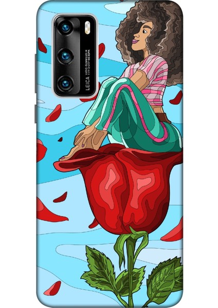 Deste Huawei P40 Kılıf Gül ve Kız Baskılı Desenli Silikon Kılıf A++-8139