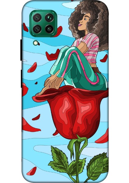 Deste Huawei P40 Lite Kılıf Gül ve Kız Baskılı Desenli Silikon Kılıf A++-8139