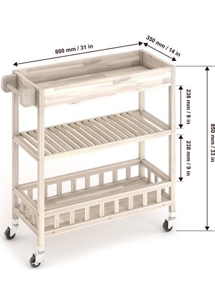 INTERBUILD REAL WOOD Interbuild Masif Akasya,holger Tepsili Mutfak Servis ARABASI,799X349X850 Mm,organik Beyaz