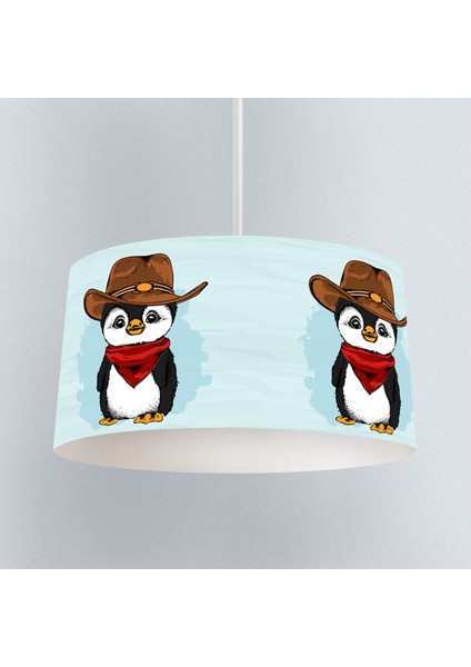 Kovboy Penguen Desenli Çocuk Odası Dijital Baskılı Sarkıt Avize