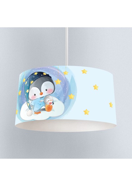 Sarı Yıldızlar ve Penguen Desenli Çocuk Odası Dijital Baskılı Sarkıt Avize